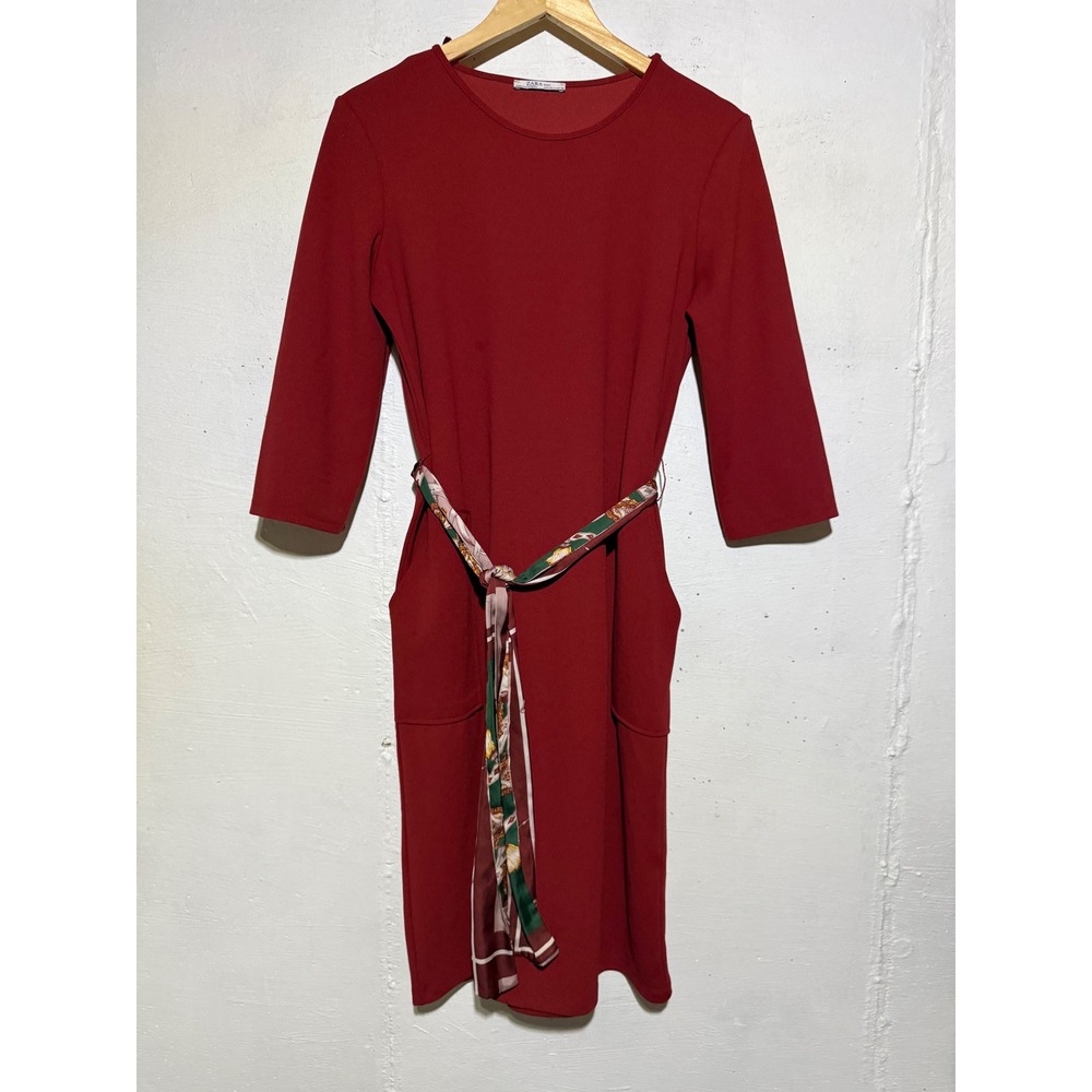 Zara Womens M Burgundy Red Crepe Midi Dress 3/4 Sleeve Scarf Belt Pockets Office